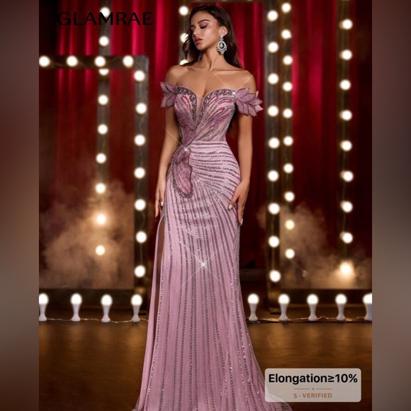 SHEIN Size M Light Pink Butterfly High Slit Off-Shoulder Mermaid Maxi Dress - Picture 3 of 12